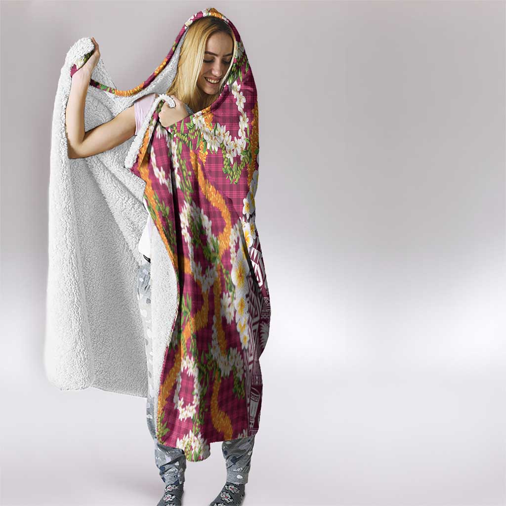 Hawaiian Plumeria Lei Hooded Blanket Kakau Motifs and Palaka Half Style Pink Color - Polynesian Pride