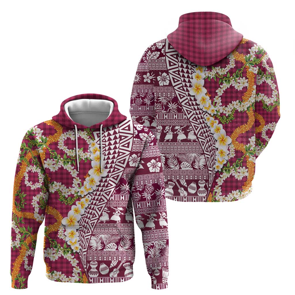 Hawaiian Plumeria Lei Hoodie Kakau Motifs and Palaka Half Style Pink Color - Polynesian Pride