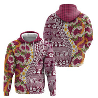 Hawaiian Plumeria Lei Hoodie Kakau Motifs and Palaka Half Style Pink Color - Polynesian Pride