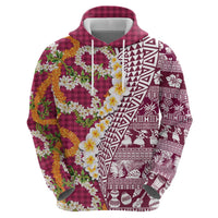 Hawaiian Plumeria Lei Hoodie Kakau Motifs and Palaka Half Style Pink Color - Polynesian Pride