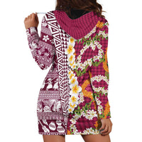 Hawaiian Plumeria Lei Hoodie Dress Kakau Motifs and Palaka Half Style Pink Color LT03 - Polynesian Pride