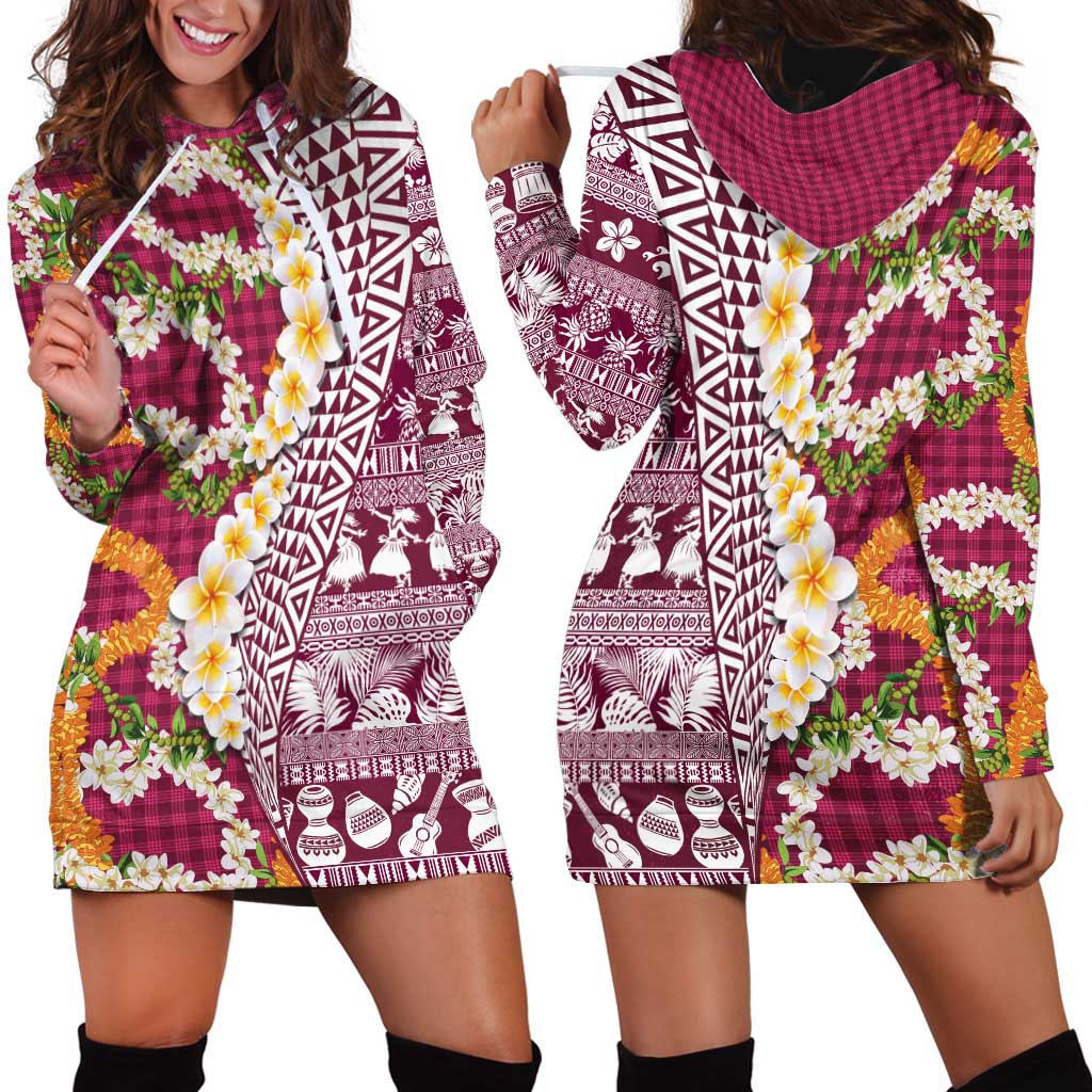 Hawaiian Plumeria Lei Hoodie Dress Kakau Motifs and Palaka Half Style Pink Color LT03 - Polynesian Pride