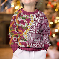 Hawaiian Plumeria Lei Kid Ugly Christmas Sweater Kakau Motifs and Palaka Half Style Pink Color - Polynesian Pride