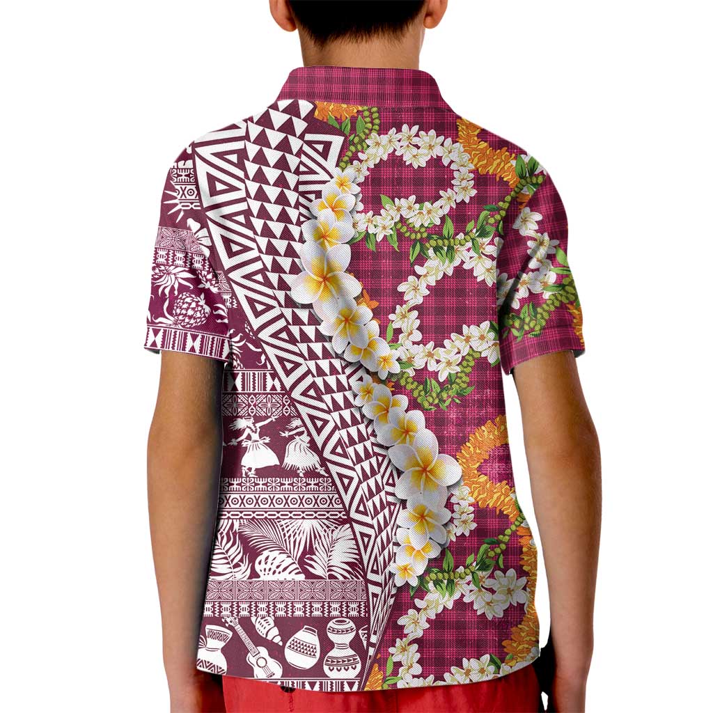 Hawaiian Plumeria Lei Kid Polo Shirt Kakau Motifs and Palaka Half Style Pink Color - Polynesian Pride