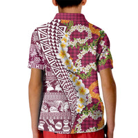 Hawaiian Plumeria Lei Kid Polo Shirt Kakau Motifs and Palaka Half Style Pink Color - Polynesian Pride