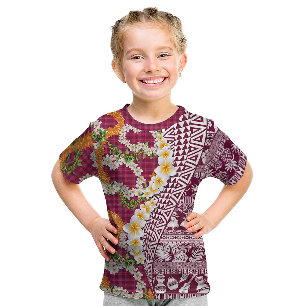 Hawaiian Plumeria Lei Kid T Shirt Kakau Motifs and Palaka Half Style Pink Color - Polynesian Pride