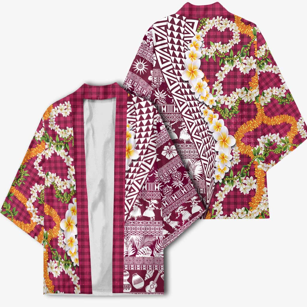 Hawaiian Plumeria Lei Kimono Kakau Motifs and Palaka Half Style Pink Color - Polynesian Pride