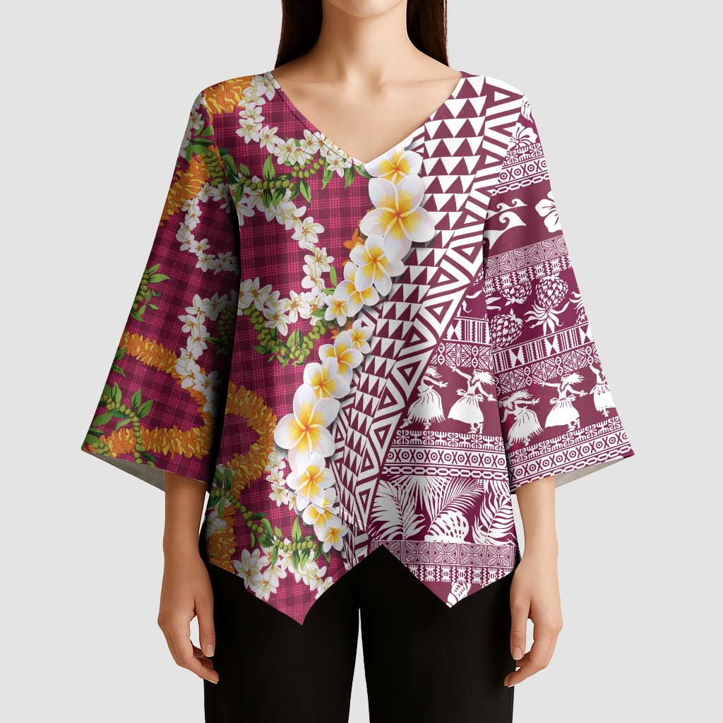 Hawaiian Plumeria Lei Kimono Sleeve Blouse Kakau Motifs and Palaka Half Style Pink Color - Polynesian Pride