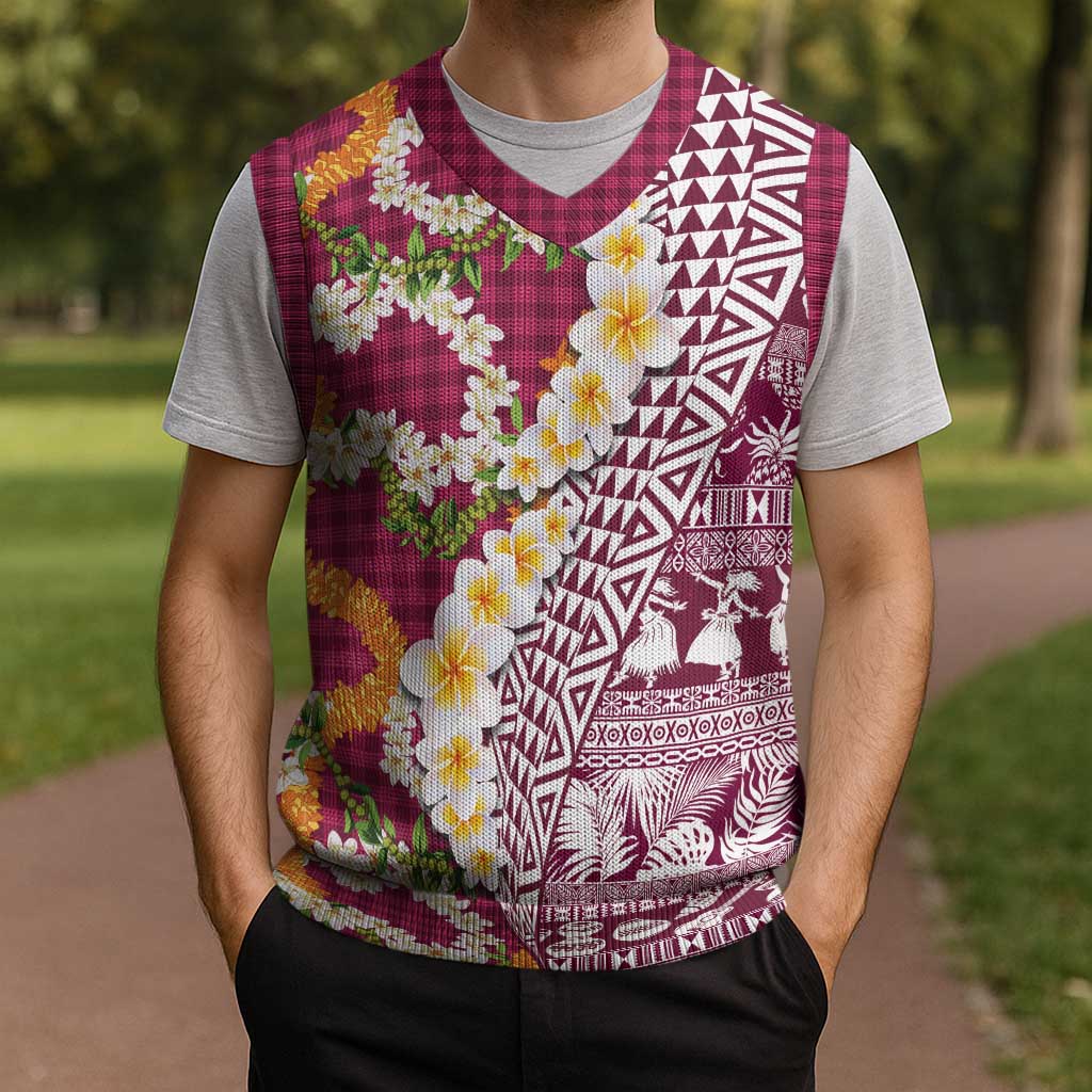 Hawaiian Plumeria Lei Christmas Knitted V-Neck Vest Kakau Motifs and Palaka Half Style Pink Color LT03 - Polynesian Pride