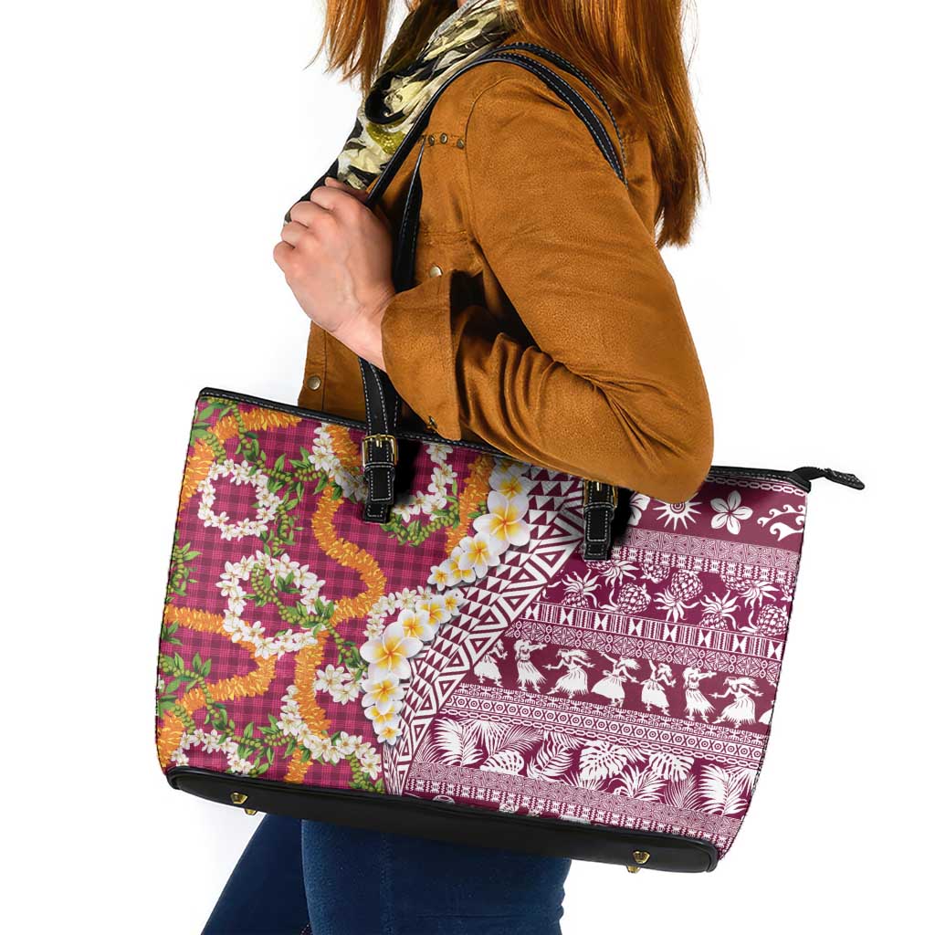 Hawaiian Plumeria Lei Leather Tote Bag Kakau Motifs and Palaka Half Style Pink Color - Polynesian Pride