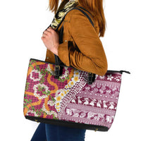 Hawaiian Plumeria Lei Leather Tote Bag Kakau Motifs and Palaka Half Style Pink Color - Polynesian Pride