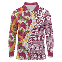 Hawaiian Plumeria Lei Long Sleeve Polo Shirt Kakau Motifs and Palaka Half Style Pink Color LT03 Pink - Polynesian Pride