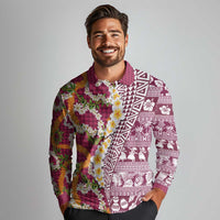 Hawaiian Plumeria Lei Long Sleeve Polo Shirt Kakau Motifs and Palaka Half Style Pink Color LT03 - Polynesian Pride
