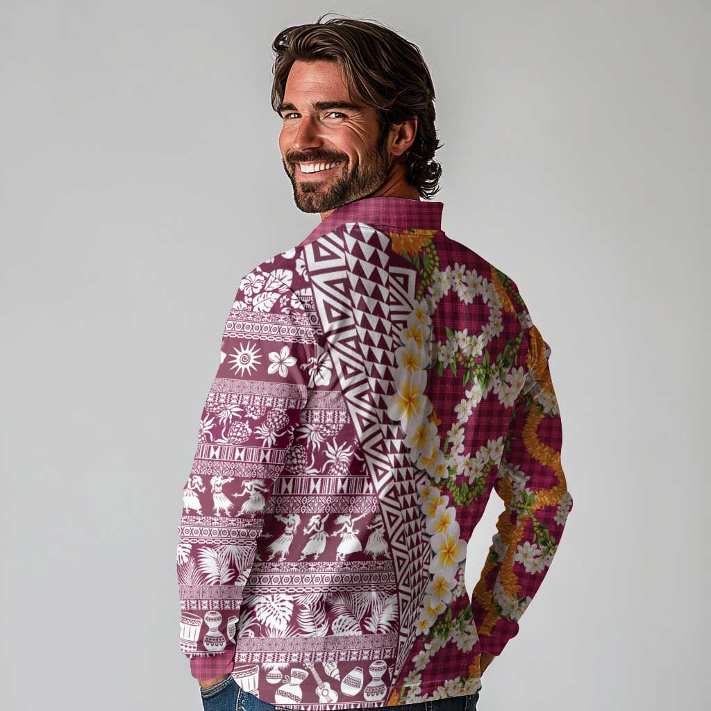 Hawaiian Plumeria Lei Long Sleeve Polo Shirt Kakau Motifs and Palaka Half Style Pink Color LT03 - Polynesian Pride