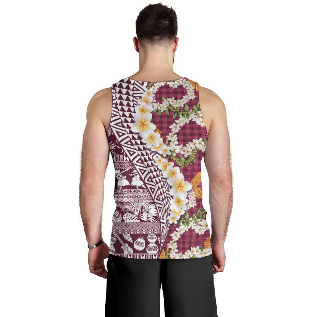 Hawaiian Plumeria Lei Men Tank Top Kakau Motifs and Palaka Half Style Pink Color - Polynesian Pride
