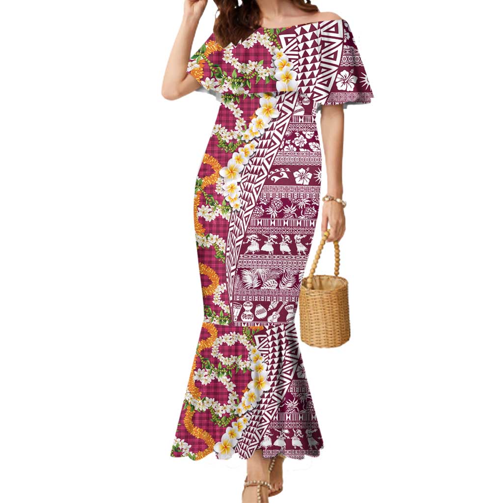 Hawaiian Plumeria Lei Mermaid Dress Kakau Motifs and Palaka Half Style Pink Color - Polynesian Pride