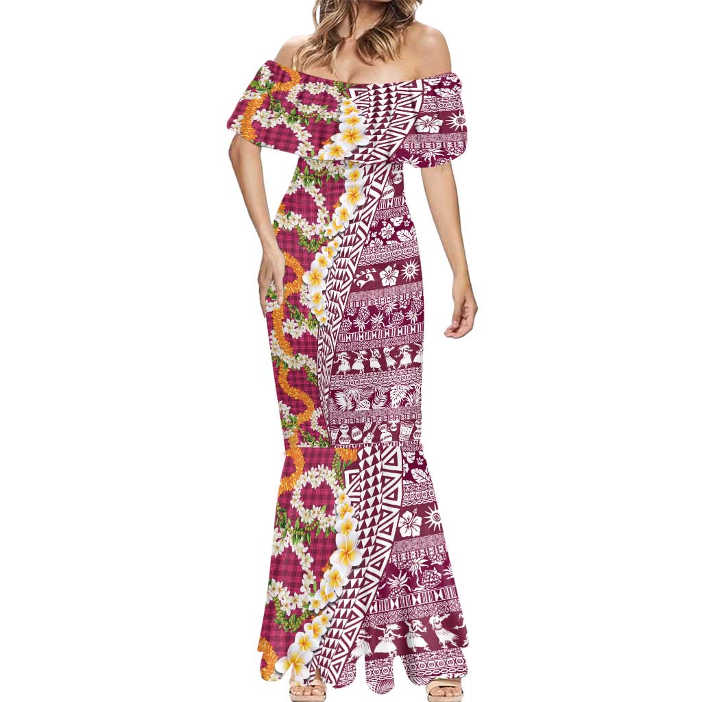 Hawaiian Plumeria Lei Mermaid Dress Kakau Motifs and Palaka Half Style Pink Color LT03 - Polynesian Pride