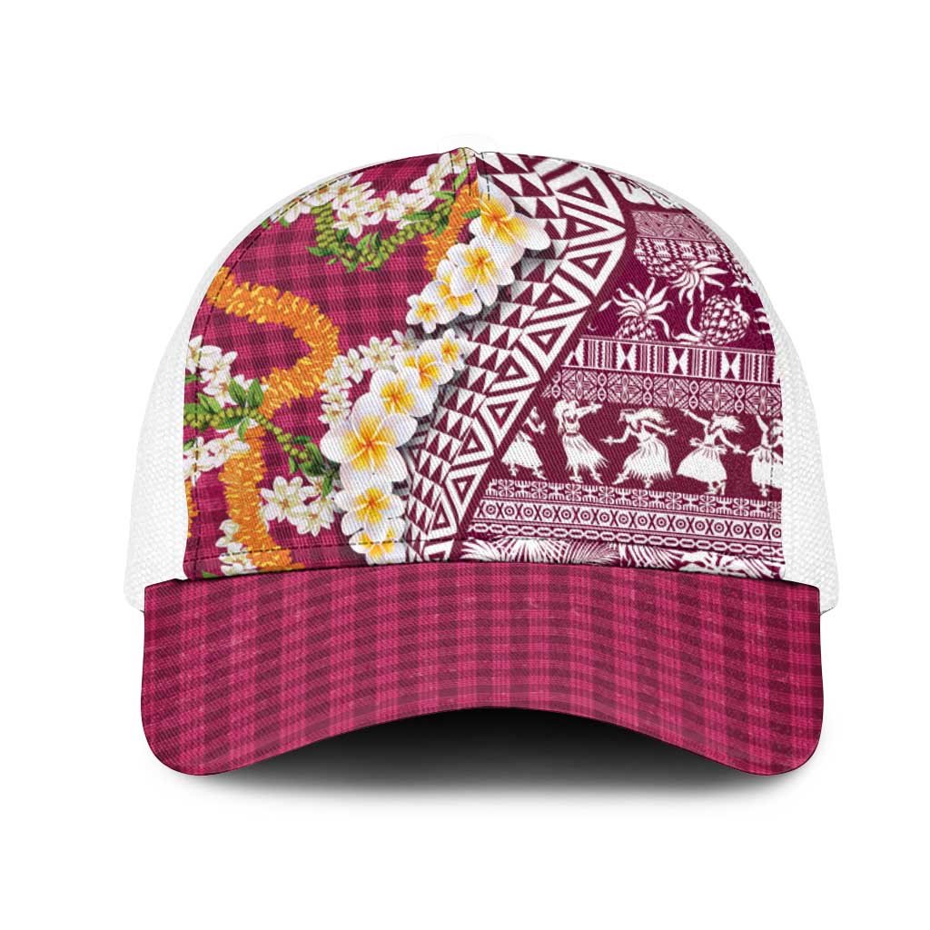 Hawaiian Plumeria Lei Mesh Trucker Cap Kakau Motifs and Palaka Half Style Pink Color - Polynesian Pride