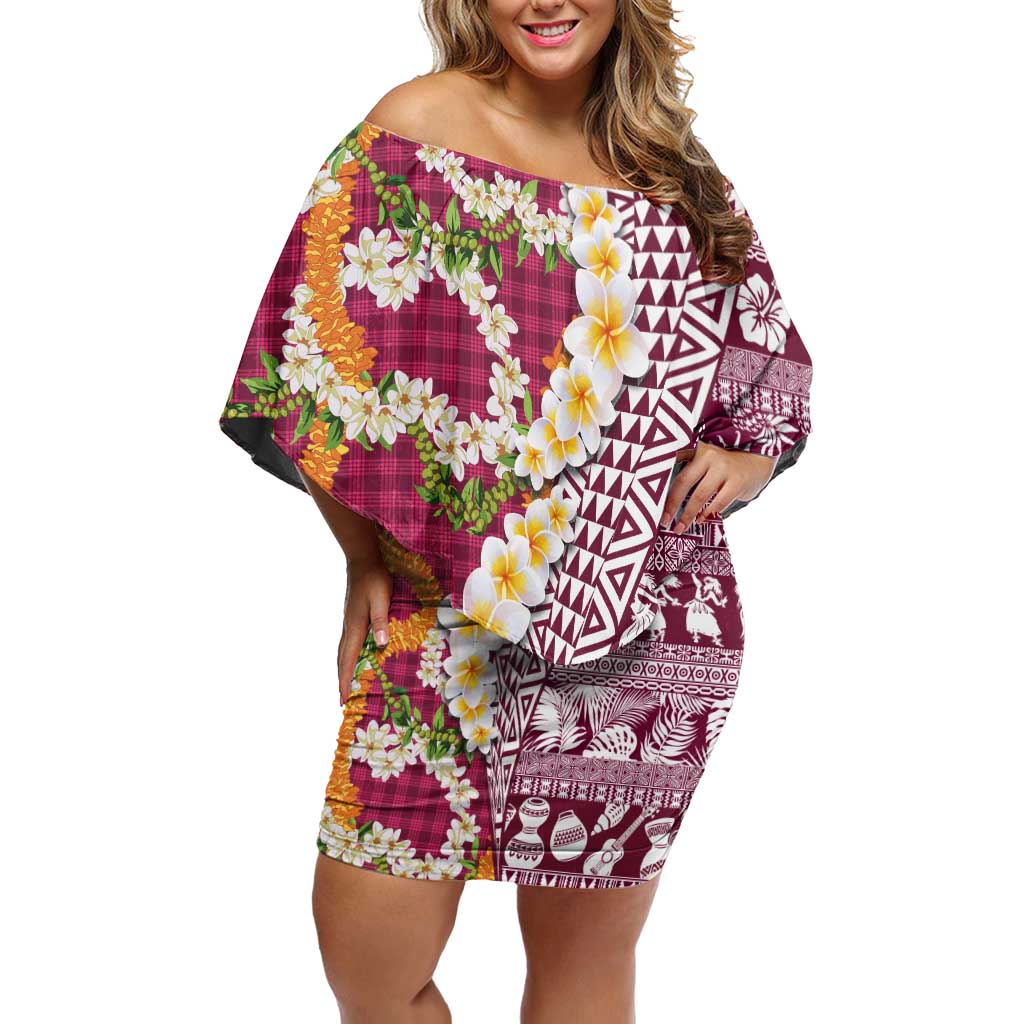 Hawaiian Plumeria Lei Off Shoulder Short Dress Kakau Motifs and Palaka Half Style Pink Color - Polynesian Pride