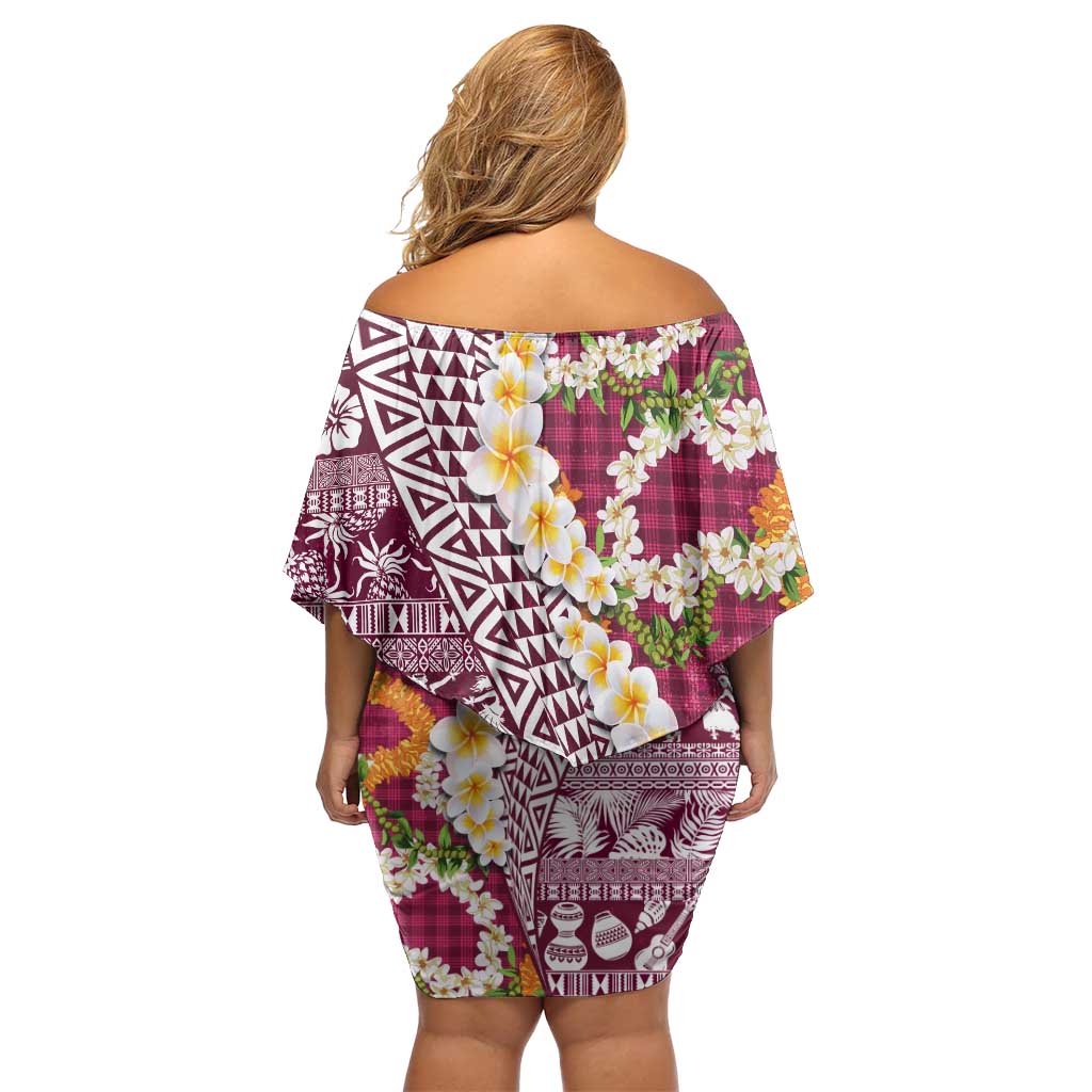 Hawaiian Plumeria Lei Off Shoulder Short Dress Kakau Motifs and Palaka Half Style Pink Color - Polynesian Pride