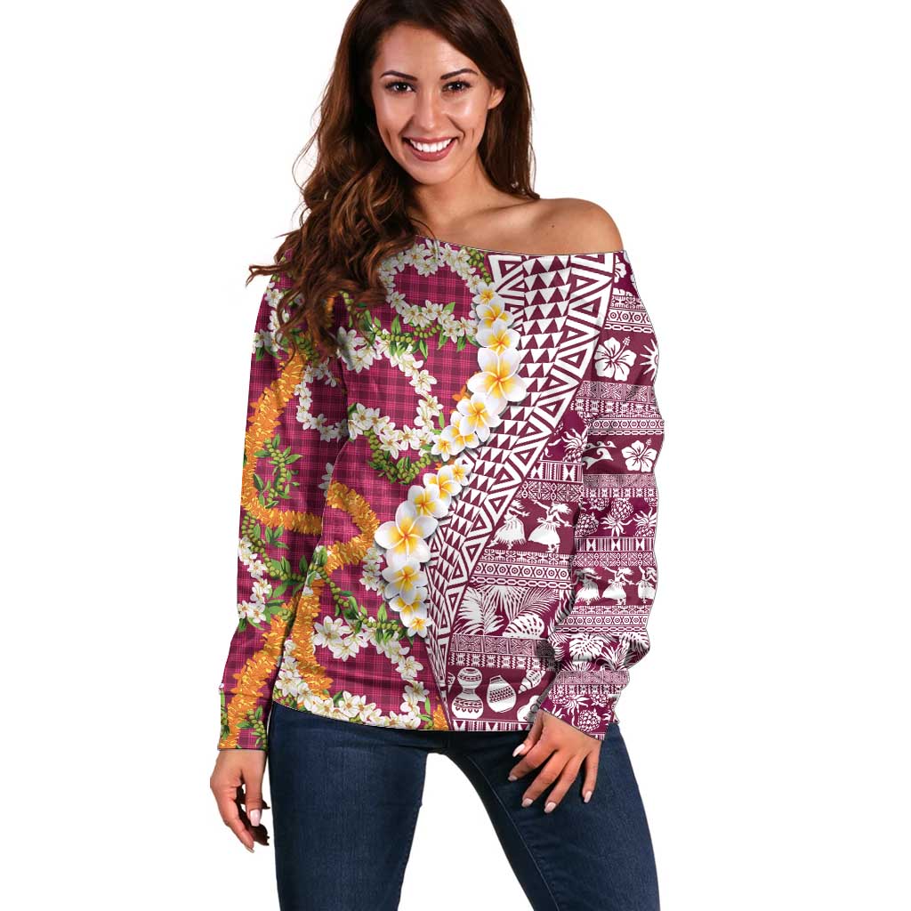 Hawaiian Plumeria Lei Off Shoulder Sweater Kakau Motifs and Palaka Half Style Pink Color - Polynesian Pride