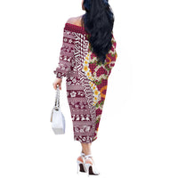 Hawaiian Plumeria Lei Off The Shoulder Long Sleeve Dress Kakau Motifs and Palaka Half Style Pink Color LT03 - Polynesian Pride
