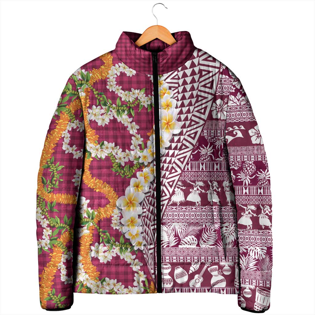 Hawaiian Plumeria Lei Padded Jacket Kakau Motifs and Palaka Half Style Pink Color - Polynesian Pride