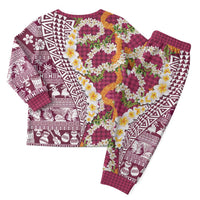 Hawaiian Plumeria Lei Christmas Pajama Set Kakau Motifs and Palaka Half Style Pink Color - Polynesian Pride