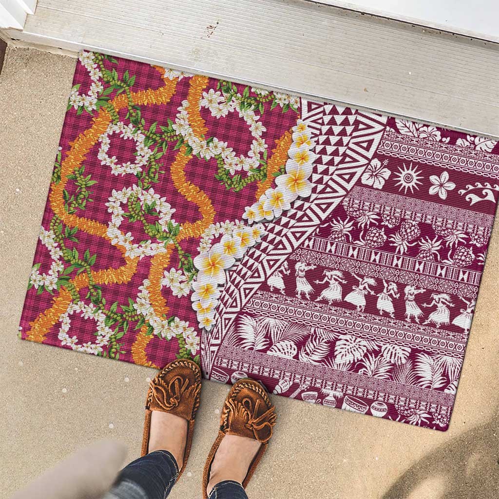 Hawaiian Plumeria Lei Rubber Doormat Kakau Motifs and Palaka Half Style Pink Color - Polynesian Pride