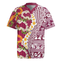 Hawaiian Plumeria Lei Rugby Jersey Kakau Motifs and Palaka Half Style Pink Color - Polynesian Pride