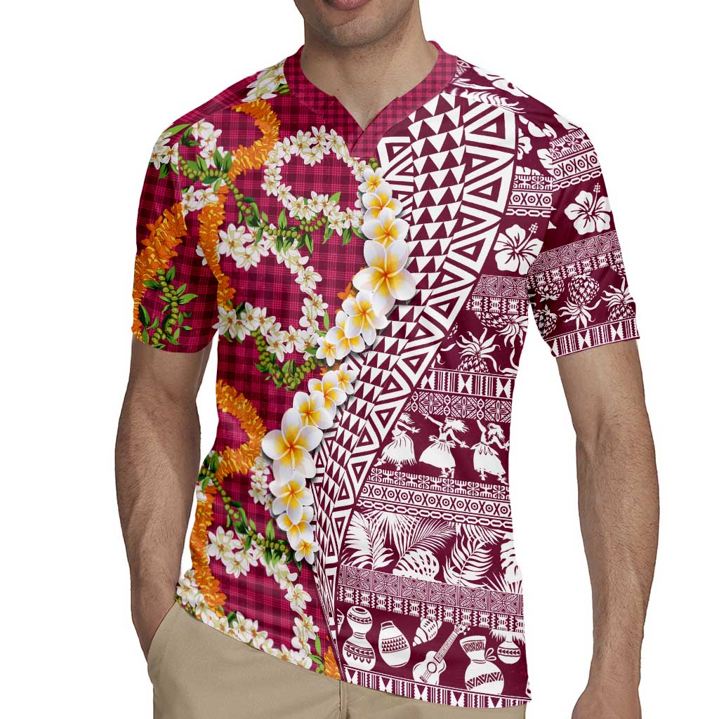 Hawaiian Plumeria Lei Rugby Jersey Kakau Motifs and Palaka Half Style Pink Color - Polynesian Pride