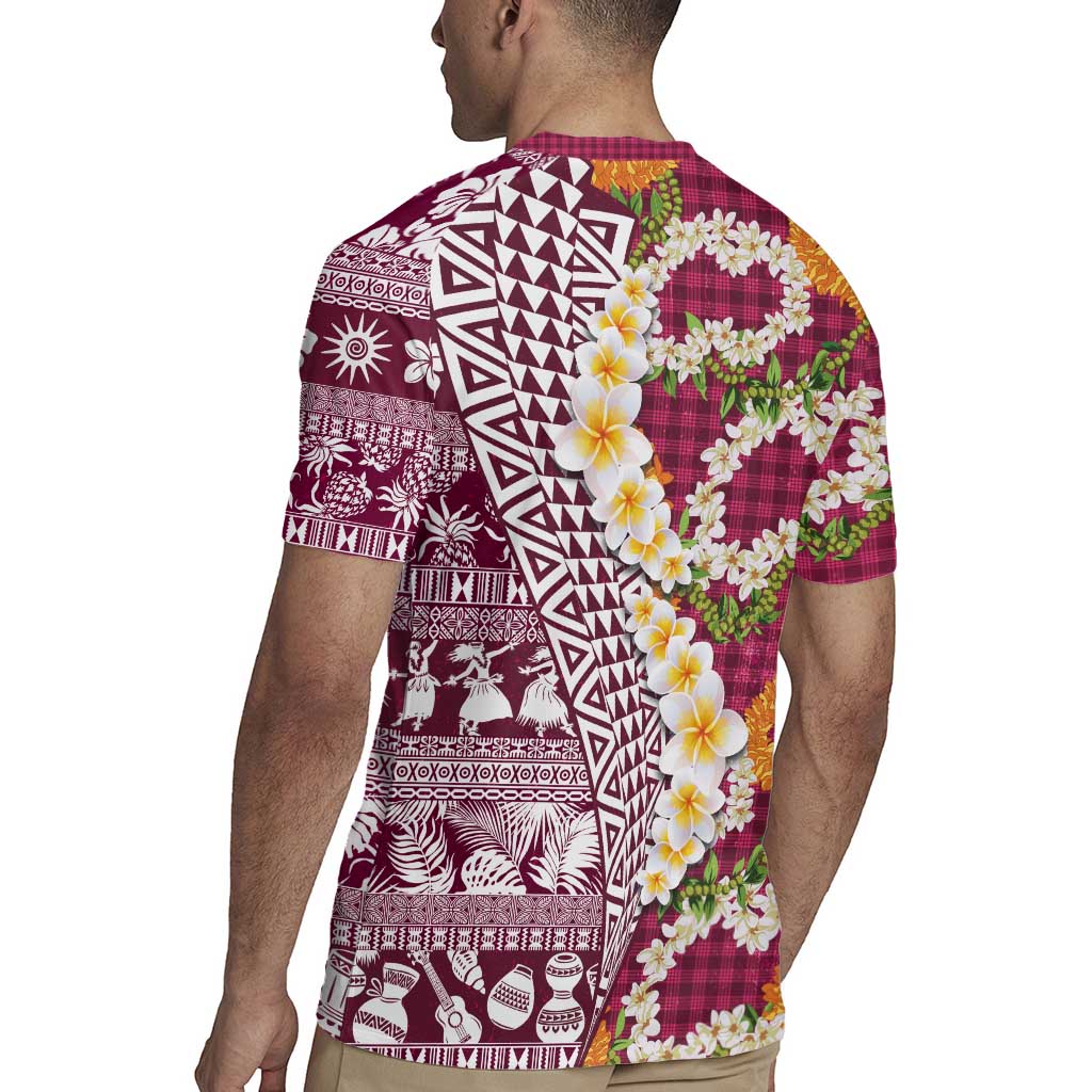 Hawaiian Plumeria Lei Rugby Jersey Kakau Motifs and Palaka Half Style Pink Color - Polynesian Pride