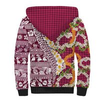 Hawaiian Plumeria Lei Sherpa Hoodie Kakau Motifs and Palaka Half Style Pink Color LT03 - Polynesian Pride