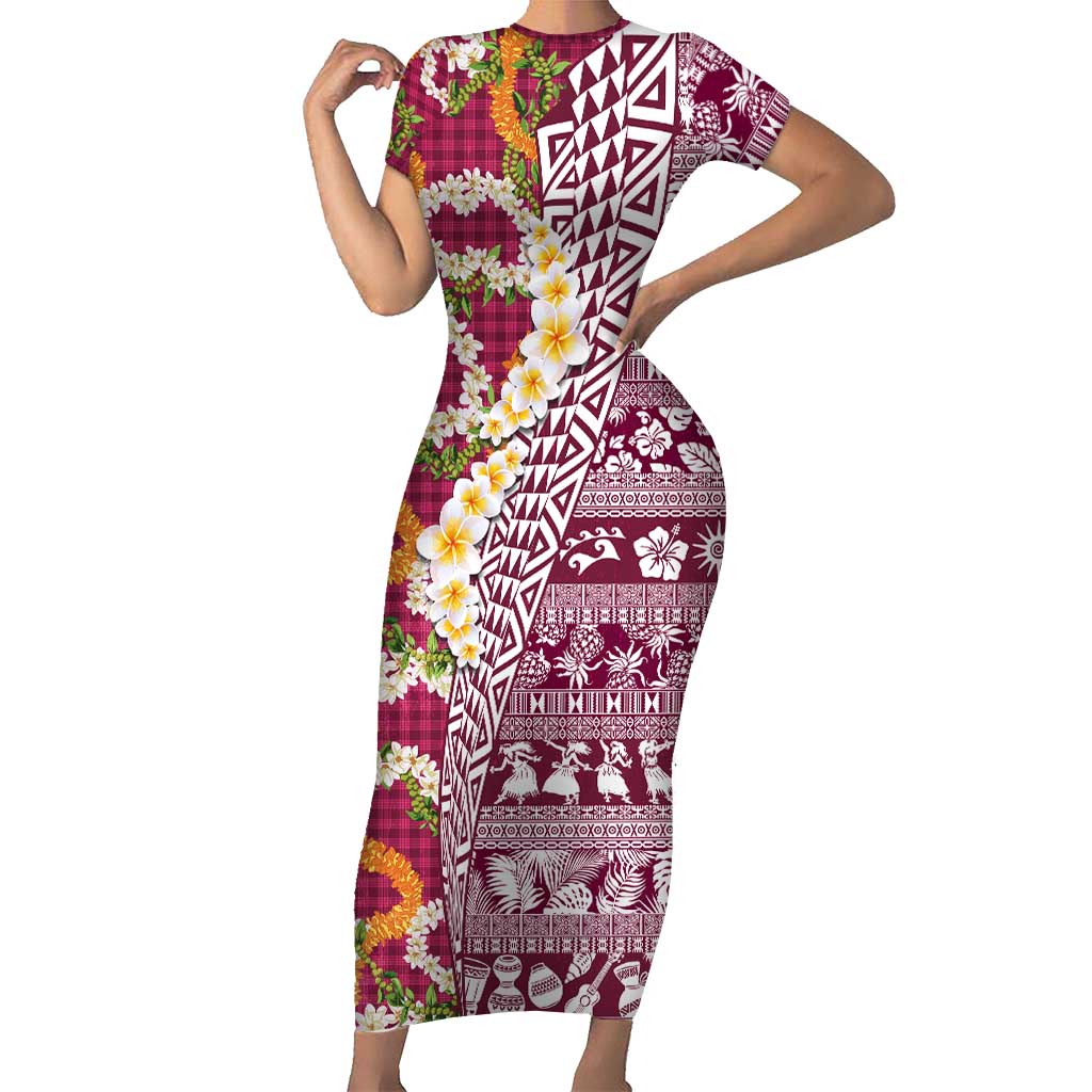 Hawaiian Plumeria Lei Short Sleeve Bodycon Dress Kakau Motifs and Palaka Half Style Pink Color LT03 Long Dress Pink - Polynesian Pride
