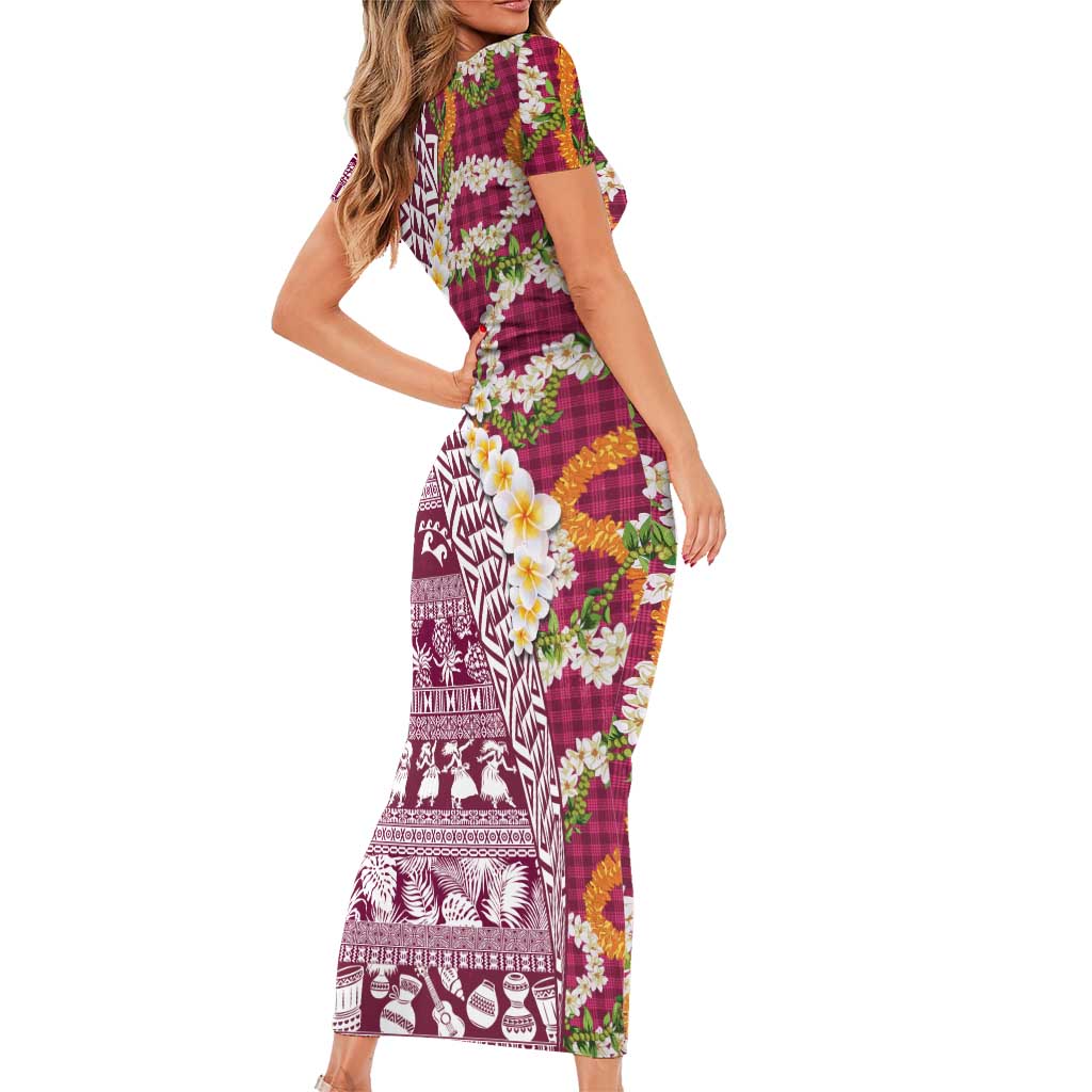 Hawaiian Plumeria Lei Short Sleeve Bodycon Dress Kakau Motifs and Palaka Half Style Pink Color LT03 - Polynesian Pride