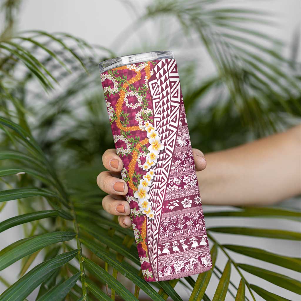 Hawaiian Plumeria Lei Skinny Tumbler Kakau Motifs and Palaka Half Style Pink Color LT03 - Polynesian Pride