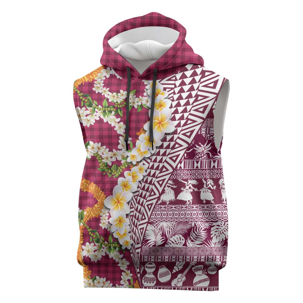 Hawaiian Plumeria Lei Sleeveless Hoodie Kakau Motifs and Palaka Half Style Pink Color LT03 Pink - Polynesian Pride