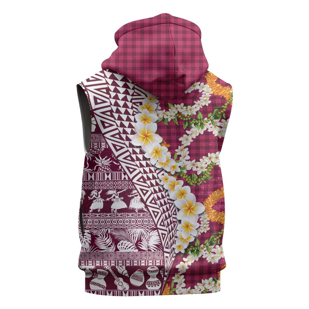 Hawaiian Plumeria Lei Sleeveless Hoodie Kakau Motifs and Palaka Half Style Pink Color LT03 - Polynesian Pride