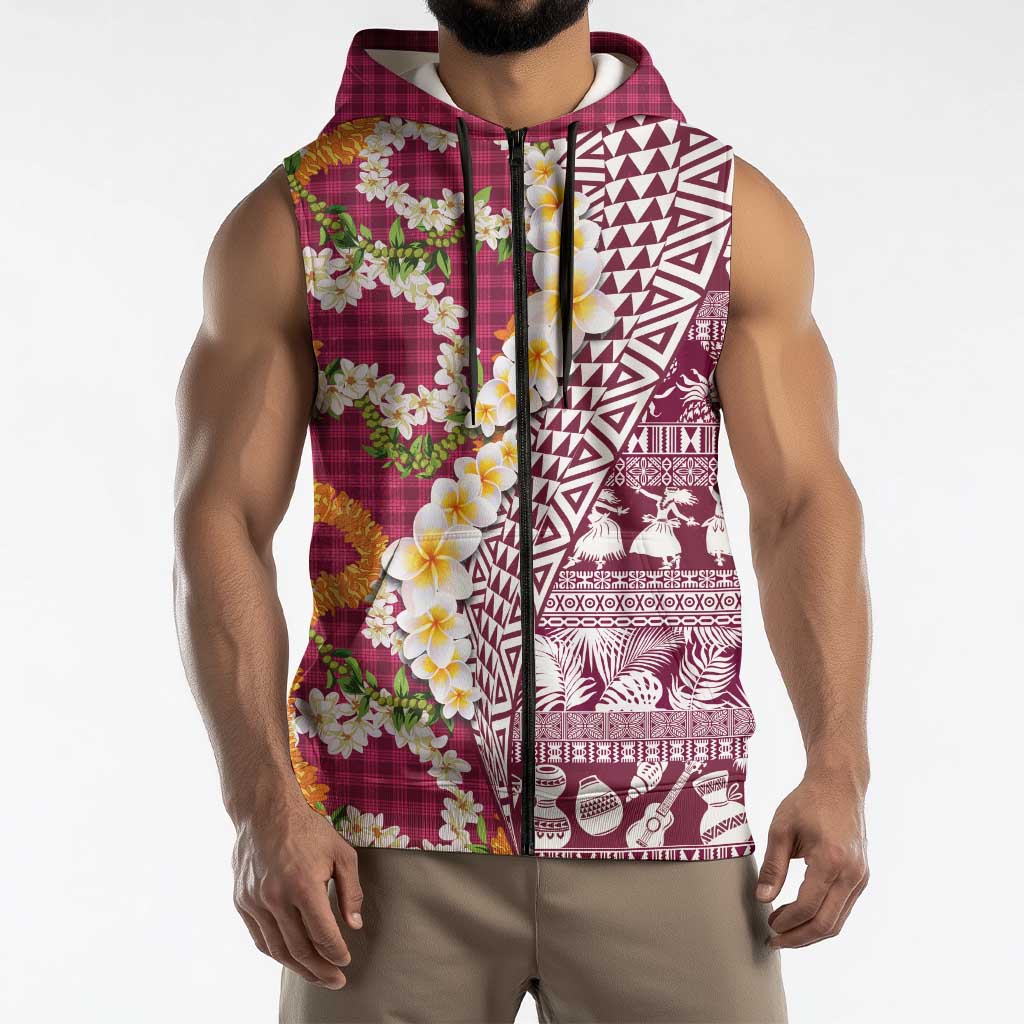 Hawaiian Plumeria Lei Sleeveless Zip Hoodie Kakau Motifs and Palaka Half Style Pink Color LT03 - Polynesian Pride