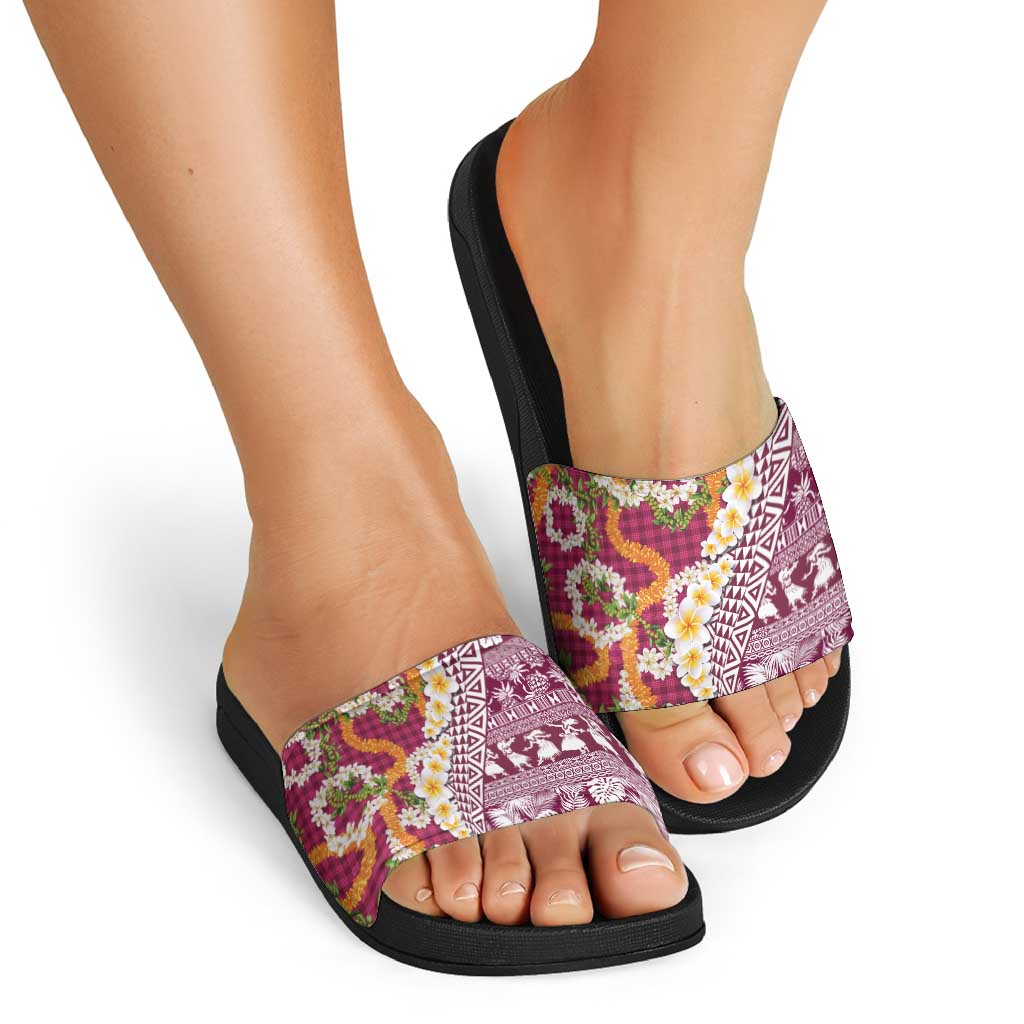 Hawaiian Plumeria Lei Slide Sandals Kakau Motifs and Palaka Half Style Pink Color - Polynesian Pride
