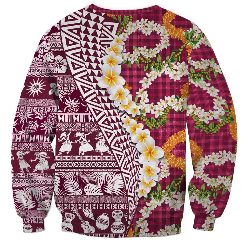 Hawaiian Plumeria Lei Sweatshirt Kakau Motifs and Palaka Half Style Pink Color - Polynesian Pride