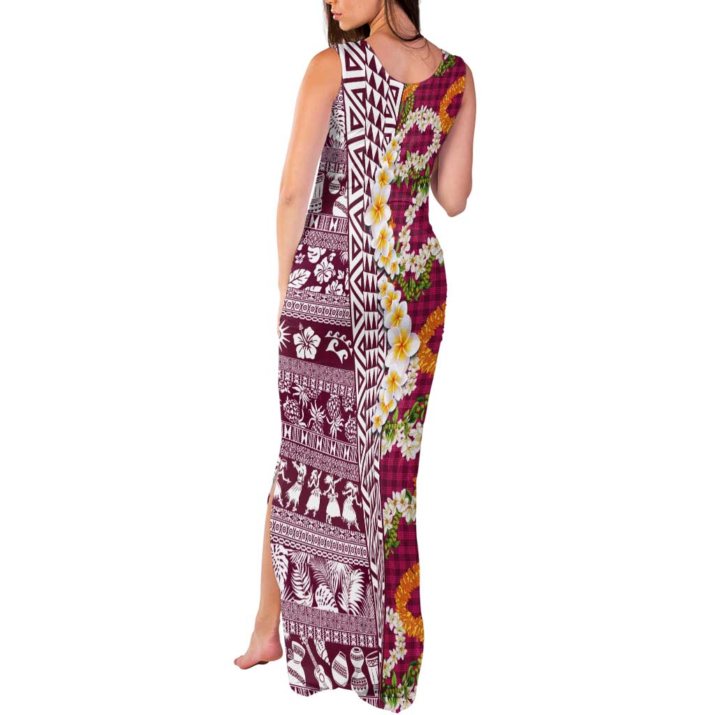 Hawaiian Plumeria Lei Tank Maxi Dress Kakau Motifs and Palaka Half Style Pink Color - Polynesian Pride