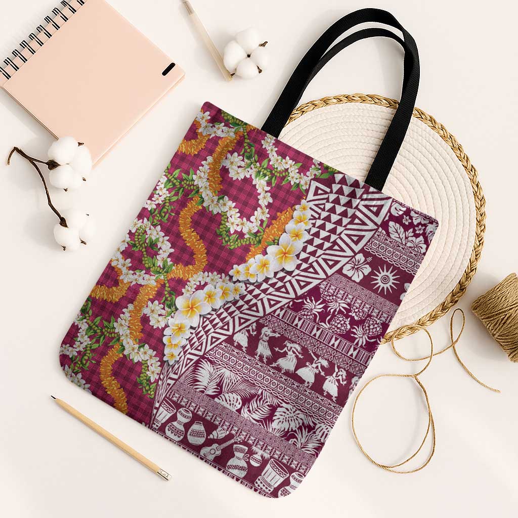 Hawaiian Plumeria Lei Tote Bag Kakau Motifs and Palaka Half Style Pink Color - Polynesian Pride