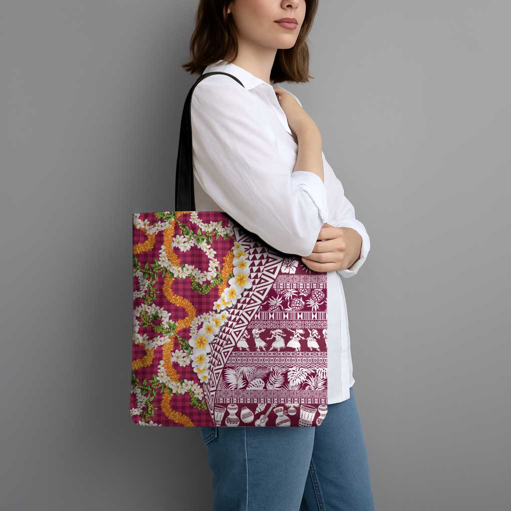 Hawaiian Plumeria Lei Tote Bag Kakau Motifs and Palaka Half Style Pink Color - Polynesian Pride