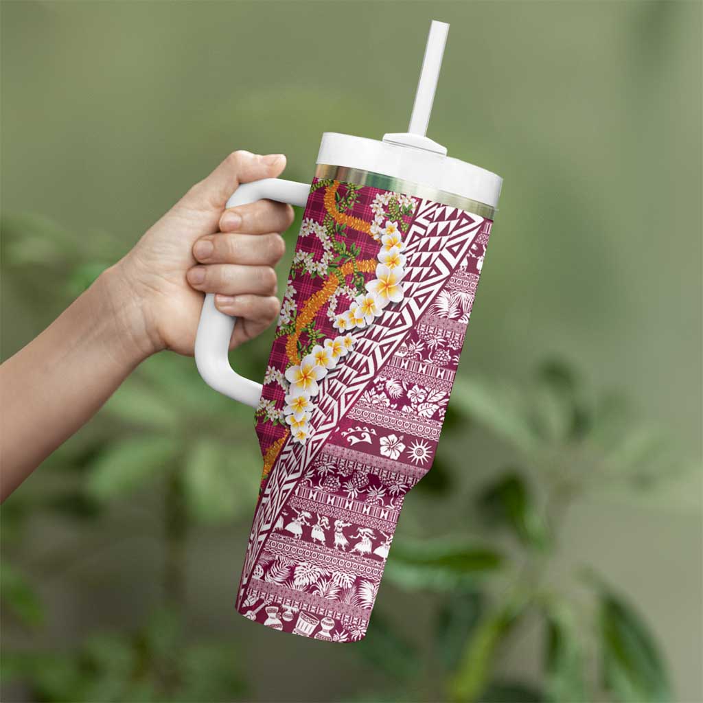 Hawaiian Plumeria Lei Tumbler With Handle Kakau Motifs and Palaka Half Style Pink Color - Polynesian Pride