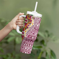 Hawaiian Plumeria Lei Tumbler With Handle Kakau Motifs and Palaka Half Style Pink Color - Polynesian Pride
