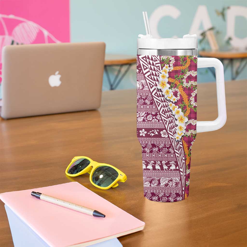 Hawaiian Plumeria Lei Tumbler With Handle Kakau Motifs and Palaka Half Style Pink Color - Polynesian Pride
