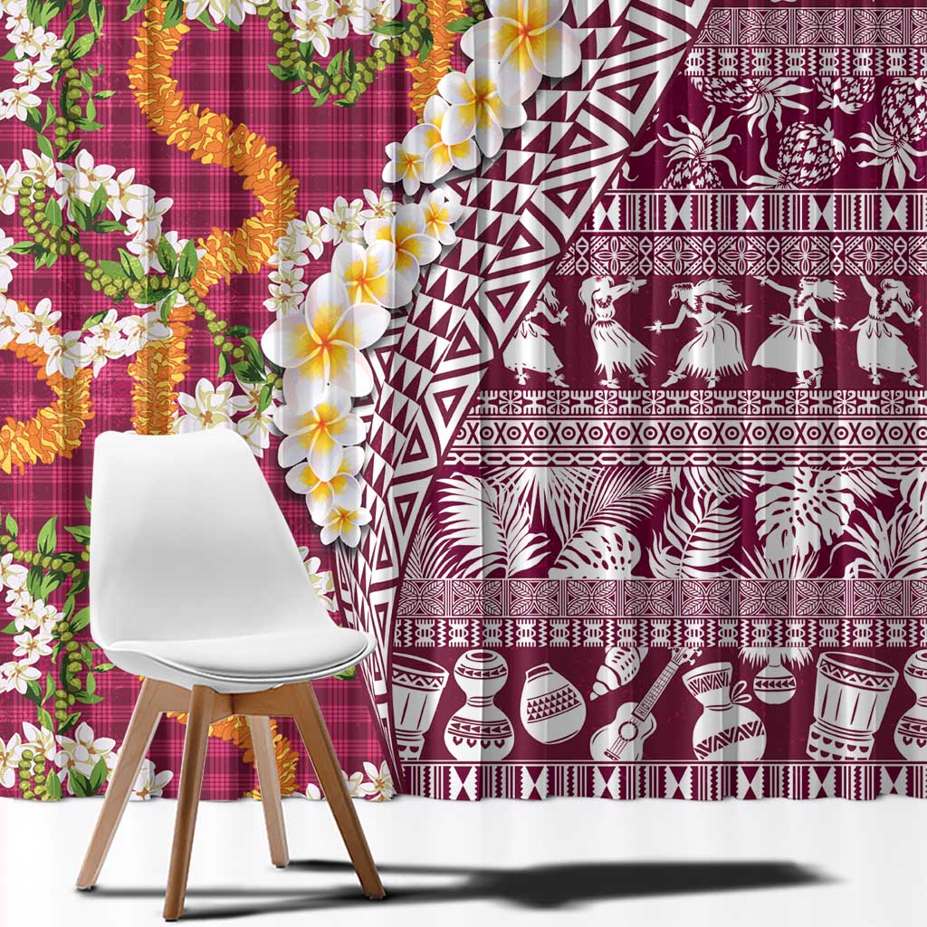 Hawaiian Plumeria Lei Window Curtain Kakau Motifs and Palaka Half Style Pink Color - Polynesian Pride