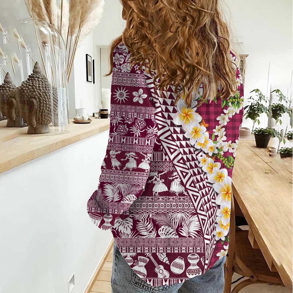 Hawaiian Plumeria Lei Women Casual Shirt Kakau Motifs and Palaka Half Style Pink Color LT03 - Polynesian Pride