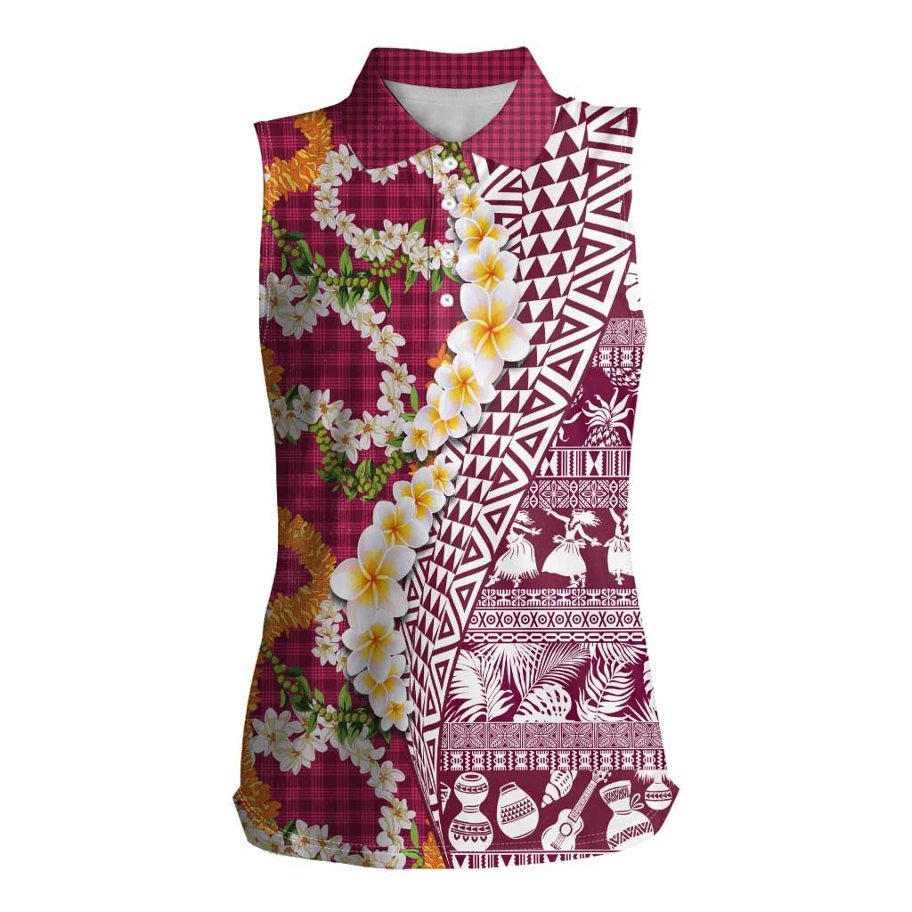 Hawaiian Plumeria Lei Women Sleeveless Polo Shirt Kakau Motifs and Palaka Half Style Pink Color - Polynesian Pride
